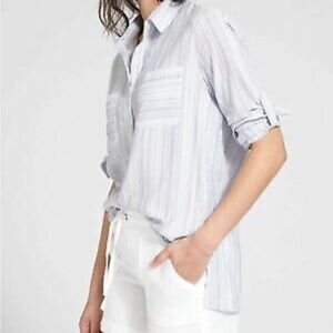 Athleta Women's Striped Button Down Shirt - White and Gray Blue S/XS